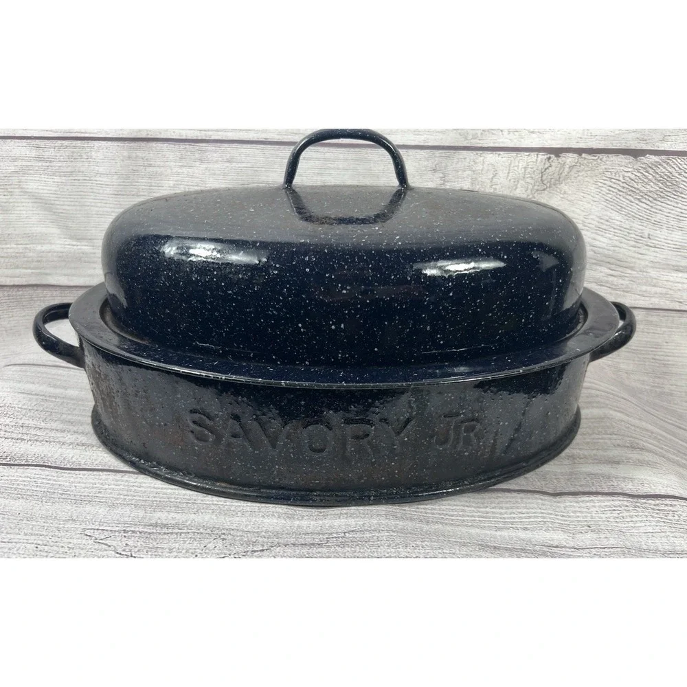 Vintage Savory Jr Oval Blue Enamel Double-Walled Roaster 12 1/2